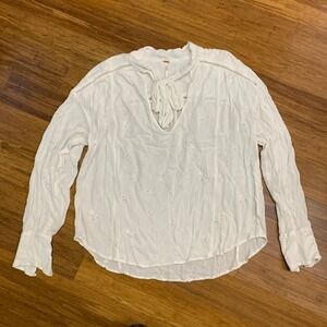 Free People Embroidered Tie Neck Long Sleeve Blouse Womens Size Small Top Eyelet